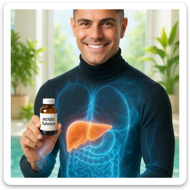 Uomo con il volto del riferimento, tiene una boccetta 'acido fulvico', energia traslucida visibile su pelle e fegato, ambiente luminoso con piante e acqua, stile wellness, testo in italiano. sticker