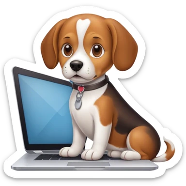 a beagle dog behind a laptop typing on it sticker