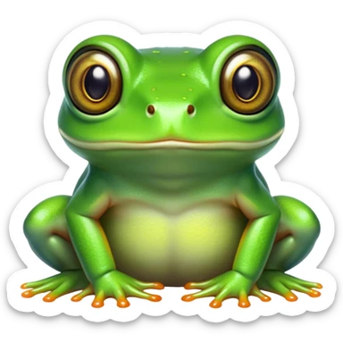 Cinematic Noble Green Tree Frog Portrait Emoji, Poised and alert, with a compact, vibrant body clad in bright, glossy green skin accented by delicate, sticky toe pads and large, bulging, observant eyes, Simplified yet sharp and sophisticated features, highly detailed, glowing with a soft, verdant luminescence, high shine, intelligent and sprightly, stylized with an air of tropical elegance, focused and attentive, soft glowing outline, capturing the essence of a watchful and confident amphibian that appears ready to leap out of the screen with effortless agility! sticker