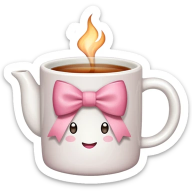 A white mug with a pink bow that contains tea sticker