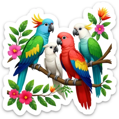 Close-up collage of vibrant Ara parrots and Inca cockatoos sitting on tree branches, surrounded by lush greenery. Bright colors of the birds stand out against a natural, sunny background of trees and flowers. Transparent background. sticker