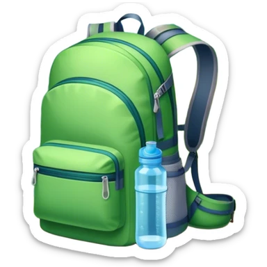 Icon for Ecotourism: a lightweight hiking backpack with a reusable water bottle, placed against a backdrop of lush green nature, with trees and a scenic trail. The icon should represent eco-friendly travel and the beauty of the outdoors. Transparent background. sticker