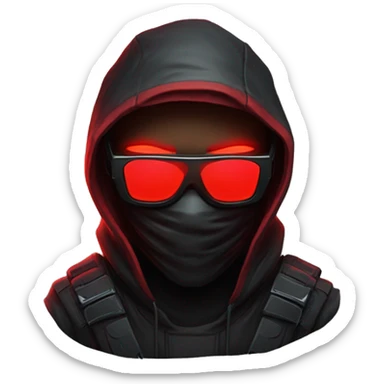 developer behind his laptop with this style : crysis Cyberpunk Valorant neon glowing bright red character dark red black hooded assassin themed character red balaclava sunglasses sticker