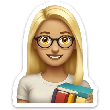 chica profesora joven rubia pelo muy largo y liso con dos mechones, sonriendo con libros en una mano, con gafas pequeñas color marrón redondas, vestida con camiseta color negro y con pendientes de aros grandes color oro sticker