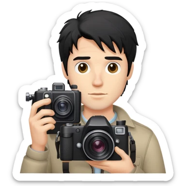 a white man with black messy hair holding a foto camera sticker