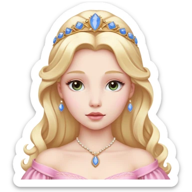 Cinematic Realistic Sleeping Beauty (Aurora) Portrait, with porcelain-like skin featuring a natural rosy flush, illuminated by soft lighting that highlights the gentle contours of her face. Her golden blonde hair flows in soft, detailed waves with subtle highlights that shimmer in the light. Her deep violet-blue eyes radiate warmth and innocence, framed by arched brows and long lashes. With a soft, serene smile, she holds a delicate rose gently in one hand, her other hand resting lightly by her side. She is dressed in her classic pink gown, the fabric rich in texture with delicate folds that catch the light. A golden crown rests atop her head, gleaming with royal refinement. The portrait captures a soft, glowing aura, blending realism with an ethereal sense of beauty and timeless enchantment. sticker