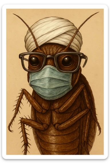 Change the nerd glasses to metal frames, keep the cockroach with white turban and facemask, detailed and expressive style. sticker