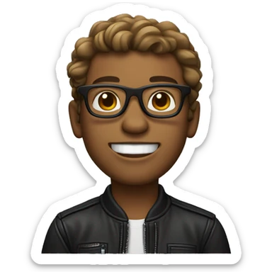 programmer, with light brown skin, square glasses, wavy hair, wearing a black leather jacket and smiling (show teeth.) sticker