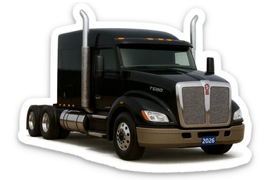 Make this 2026 Kenworth T680 Flat Top semi sleeper look ultra-realistic, with perfect lighting, chrome, and paint reflections, no air filters, flat top sleeper cab clear, no background. Render in ultra-realistic photographic style with perfect lighting and detailed chrome and paint reflections, no background. sticker
