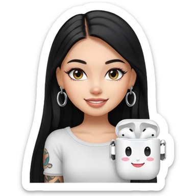 generate a pretty bratz girl with black long straight hair and airpods on, tattoo on shoulder, eyeliner on sticker