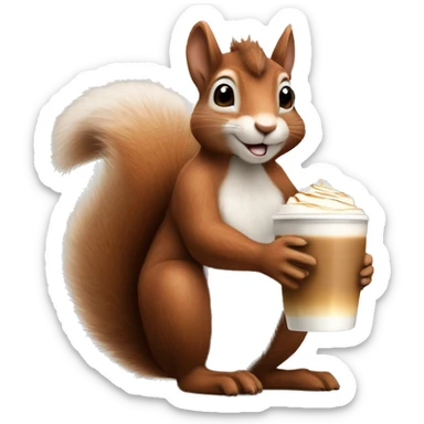 Realistic squirrel with fluffy ears sitting and holding cup of latte macchiato  sticker