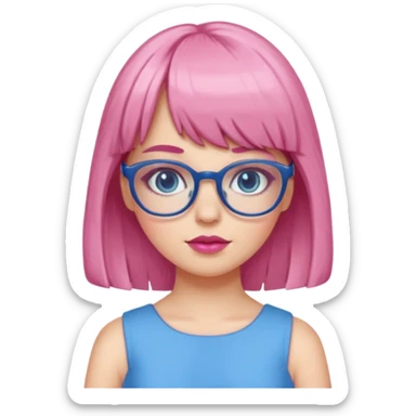 Cute white girl has bang and glasses wear pink make up and dress all blue sticker