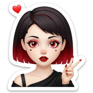 A girl with goth makeup and short hair( dark brown and bottom of hair red) winking and blowing kiss while raising one shoulder.  sticker