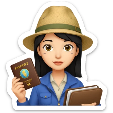 black haired Traveler character with passport sticker