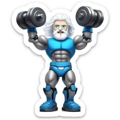 Bionic robot man with amazing white hair and beard and blue eyes flexing muscly arms and lifting weights   sticker