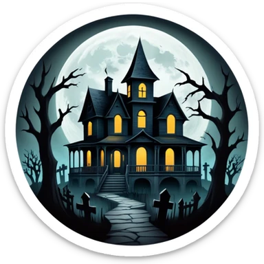 Icon for Horror Movies: A dark, eerie collage featuring iconic horror elements like a haunted house, a full moon, sinister shadows, and creepy creatures emerging from the darkness. The atmosphere should be chilling, with a feeling of suspense and fear. Transparent background. sticker