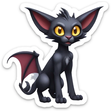 Black cool vampiric Noivern-Litten-Lykoi-Caracal-Fakemon with big bat ears full-body sticker