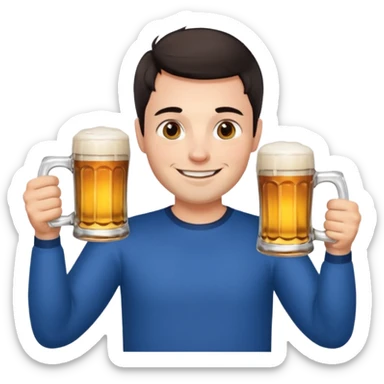 nordic man with short dark hair sitting and holding two mugs of beer sticker