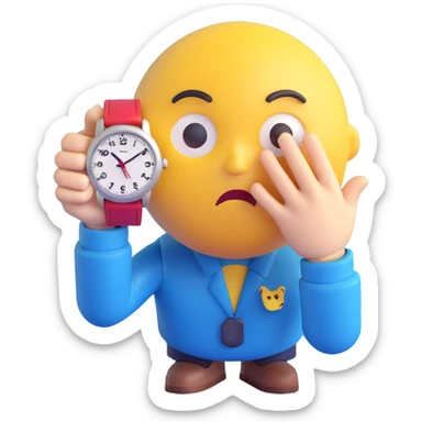 A yellow emoji face with a worried expression, looking at a wristwatch with raised eyebrows, showing urgency and stress sticker