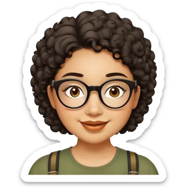 Woman in her 20s with caramel skin tone. Cheerful round face with chubby cheeks. Brown eyes behind thick black glasses. Voluminous short curly hair. Wide smile with dimples. Wearing olive green shirt with wide straps. sticker