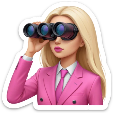 futuristic-looking woman with long hair in an intensive color pink suit looking through binocular, viewed from an angled perspective sticker