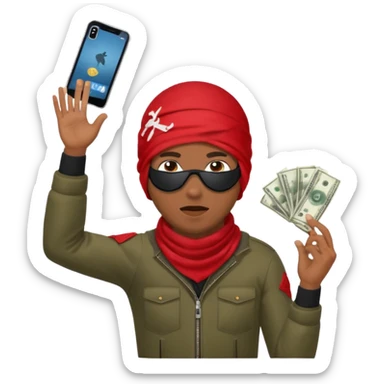 Brown skin Robber with ski mask and ar-15 in red bandana outfit throwing money in the air sticker