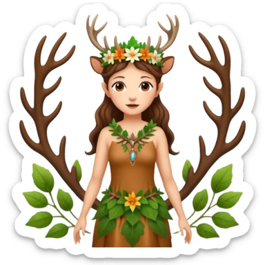 forest fairy woman dressed as deer spirit, antler crown and leaf dress, standing in flowers sticker
