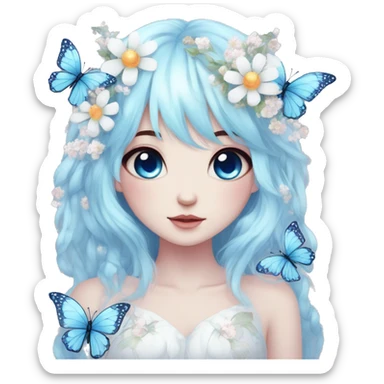 Edgy Cute Cool Kawaii gorgeous sparkly ethereal white fantasy animal with blue eyes sona with flowers and butterflies beautiful aesthetic sticker