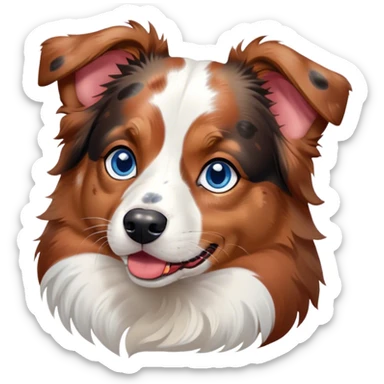 Cinematic Cute Calico Australian Shepherd Portrait Emoji, Head tilted playfully and inquisitively, predominantly white coat with patches of black, tan, and red calico merle markings, round, sparkling blue eyes filled with curiosity, Simplified yet irresistibly adorable features, highly detailed, glowing with a warm, friendly glow, high shine, affectionate and lively, stylized with a touch of whimsy, bright and endearing, soft glowing outline, capturing the essence of a mischievous yet loving pup, so playful it feels like it could bound out of the screen and into your arms! sticker