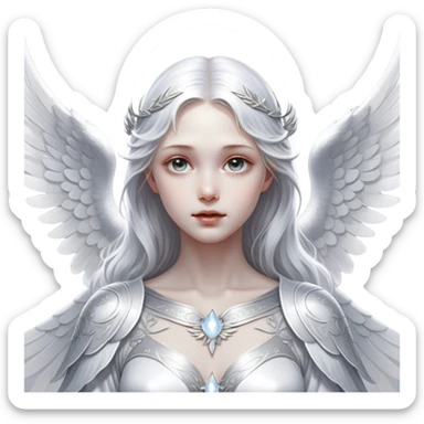 Cinematic Angel, Ultra realistic 32k HD, Breathtaking piece of art, rim lighting, hauntingly beautiful art, mostly greyscale, Balanced features, highly detailed digital artwork, glowing with silver light, glowing, high shine, deviant adoptable, highly detailed clothing, remembrance, a painting of white silver, fanciful, enchanting, ghostly, embodying the essence of both reality and fantasy, dreamy, dreamy glow, optical illusion, immaculate composition, complex pose, air composition. The image is so lifelike that it feels as though it could leap off the canvas at any moment sticker