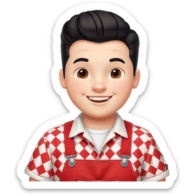 A cheerful, chubby boy with a retro 1950s diner aesthetic, wearing red-and-white checkered overalls and a white t-shirt. He has a playful, confident smile and a classic black pompadour hairstyle sticker