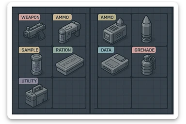 a virtual display, a gray grid with darker gray cells, each cell containing an item viewed in isometric minimalism render The cells have pastel neon colored labels in their upper corner, indicating various traits of the items. retrofuturism, circa 2880's.
The items are scientific and military in nature - varieties of munitions, scientific samples, rations, data storage, utilities. There are two arrays of grids, one left, one right. Each array has a few empty spaces at the bottom sticker