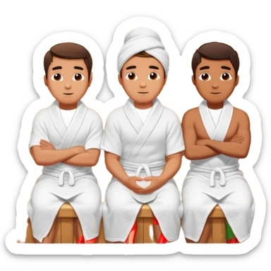 three young men turned in towels sit in the hot sauna sticker