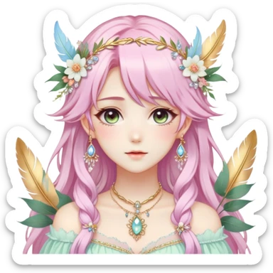 Beautiful gorgeous anime lady with beautiful pastel-special-hair, fashion aesthetic, ethereal, fairycore, pastelcore, feather, flower, crystals, accessories, gold jewelries, gold, colorful, gold laurel, gold halo, cottagecore,  sticker