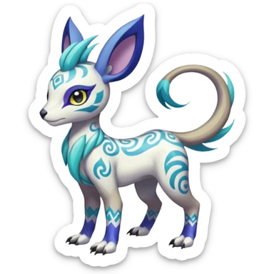 Tropical Tiny Marked Patterned Tribal Colorful Skilled Adept Graceful Asian Painted Garurumon-Meloetta-Absol-Suicune-Cobalion-fusion-hybrid-creature (full body) sticker