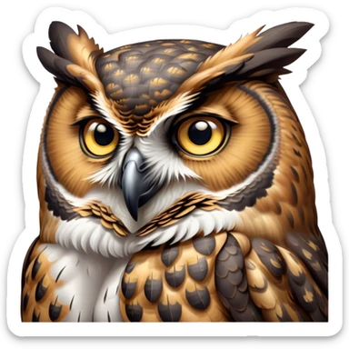 Cinematic Deep Thought Great Horned Owl Portrait Emoji, Head held high with a calm, reflective gaze, showcasing a beautifully mottled plumage and piercing golden eyes that seem to ponder the mysteries of the night, Simplified yet majestically refined features, highly detailed, glowing with a soft, contemplative light, high shine, poised and thoughtful, stylized with an air of profound introspection, capturing the essence of an owl deeply engaged in thought, so thoughtful it feels like it could silently share timeless secrets from beyond the screen! sticker
