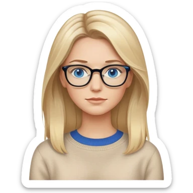 Hyper Realistic Adult White women, long blonde balayage hair, no smile, beige sweater, blue eyes and glasses  sticker