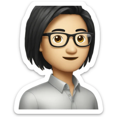 Asian 20 years old software engineer with glasses and Tim Cook black hair sticker