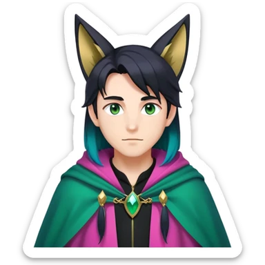 anime man with long-straight-dark-black-gradient hair with green accents, long black fox ears with pink Scapha, hazel-gradient-brown-turquoise eyes, gold earring, dark-blue-sweater, green cape,  sticker