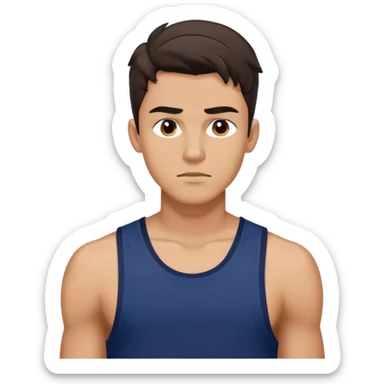 Athletic young man with light brown skin, elongated face, defined jawline, medium dark eyes, arched eyebrows, straight nose, concentrated expression, medium wavy dark hair with messy style, wearing a navy blue tank top sticker