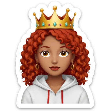 Slim girl with a fine face, dark chocolate-colored and tanned skin, medium-length curly tomato-red hair, dark eyes, medium-thick eyelashes, and a crown and hoop earrings wearing a white hooded sweatshirt.
 sticker