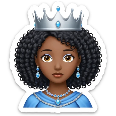 Por favor hazme el emoji de la princesa pero morena con el pelo negro y rizado, los ojos marrones y la corona plateada con jollas azules sticker