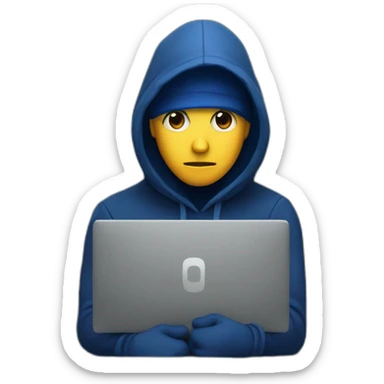 Developer with a dark blue hood behind his computer and focus on his code  sticker