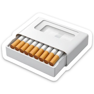 An open cigarette pack with visible cigarettes inside, designed in the style of an Apple iOS emoji. The pack should be clean and minimalistic, with soft gradients, no outlines, and a realistic but friendly look. The cigarettes inside should be neatly arranged and slightly detailed, with white filters and brown tips. The overall illustration should have a soft 3D appearance with gentle shadows and subtle texture. Transparent background. High resolution. PNG format. sticker