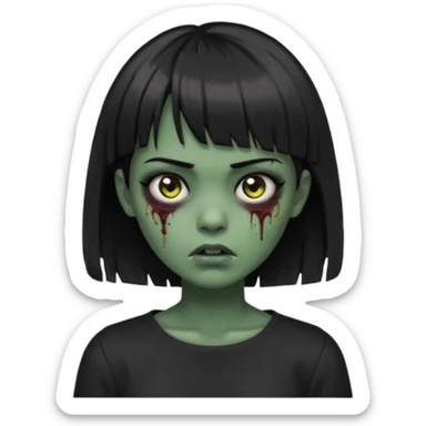 Zombie girl emoji verde escuro com cabelo curto liso preto no ombro e franja na altura da sobrancelha cobrindo completamente a testa, usando uma blusa preta, com olhos pretos  sticker
