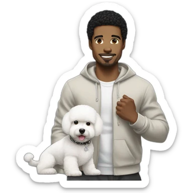 white man black hair,  rapper flexing with a bichon sticker