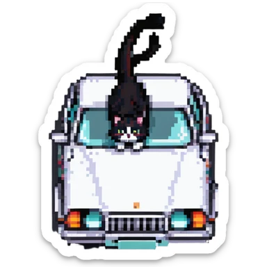 a cat stretching on the hood of a car, pixel art style sticker