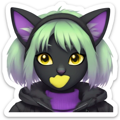 Gorgeous furry dark techwear style anthro black cat furry sona Fakemon face yellow-green eyes with ponytail, aesthetic and pretty edgy black with violet collar and harness trending style sticker