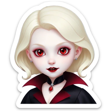 Cinematic Cute Vampire Portrait Emoji, with a refined yet playful small, rounded pale face accented by tiny, cute fangs and bright, twinkling eyes, sporting miniature elegant dark attire with a hint of crimson, simplified yet irresistibly charming, highly detailed with a soft glowing outline that captures the delightful duality of spooky sweetness and stylish allure! sticker