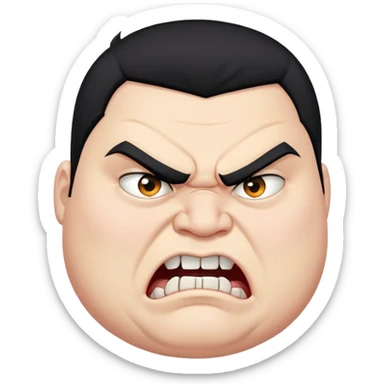 chubby young angry man in profile view with black hair, sharp fangs, crossed eyes sticker